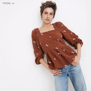 Madewell Amie Floral Embroidered Lightspun Millbrook Puff-Sleeve Peplum Top M